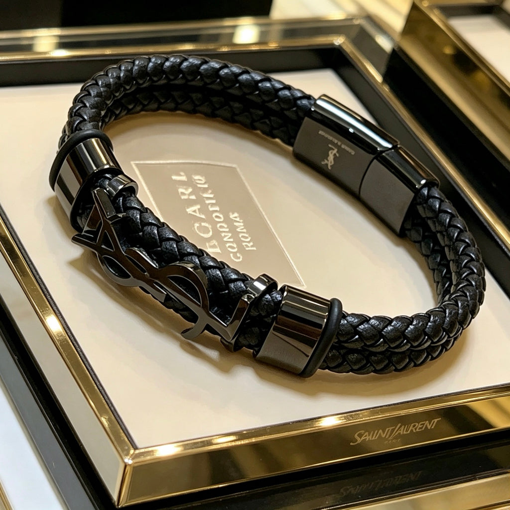 Saint Laurent Black Leather Dark Metal Monogram Bracelet - album image 4