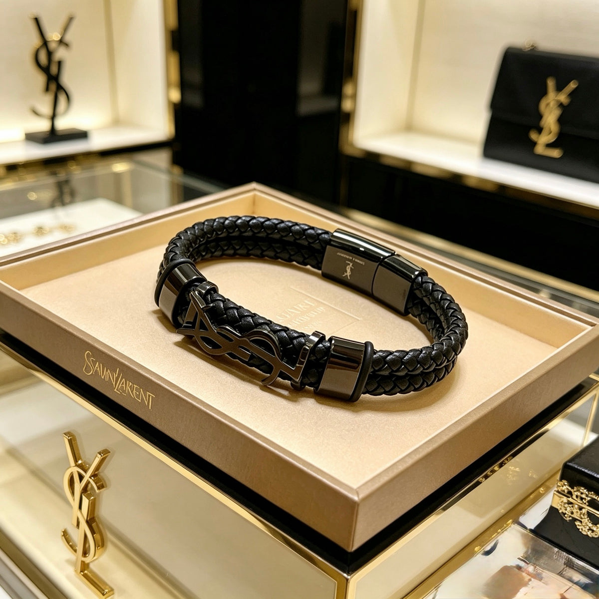 Saint Laurent Black Leather Dark Metal Monogram Bracelet - album image 1