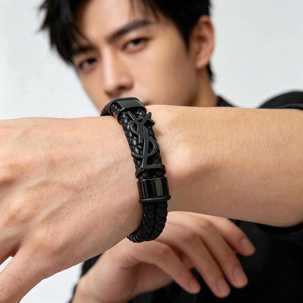 Saint Laurent Black Leather Dark Metal Monogram Bracelet - album image 3