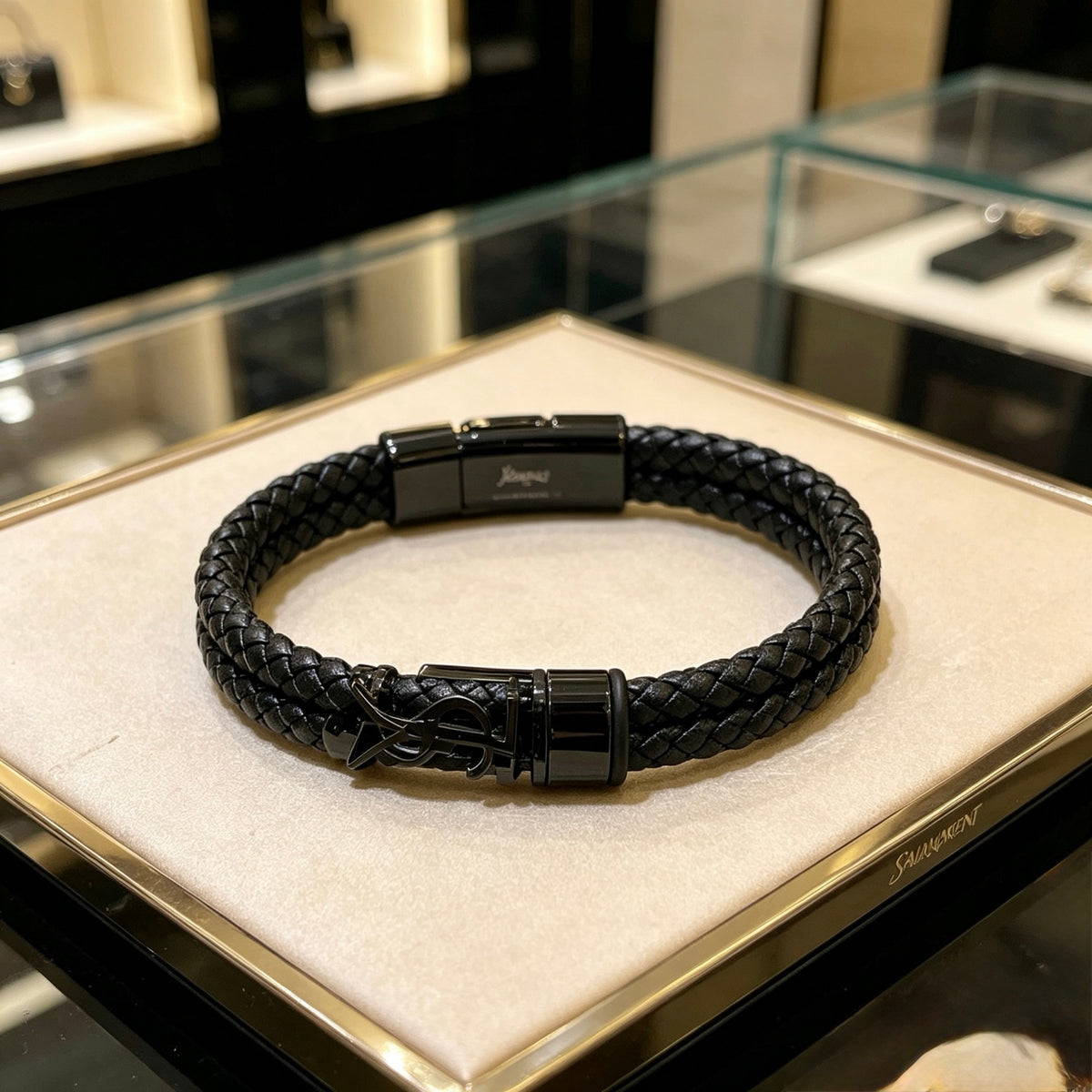 Saint Laurent Black Leather Dark Metal Monogram Bracelet - album image 9