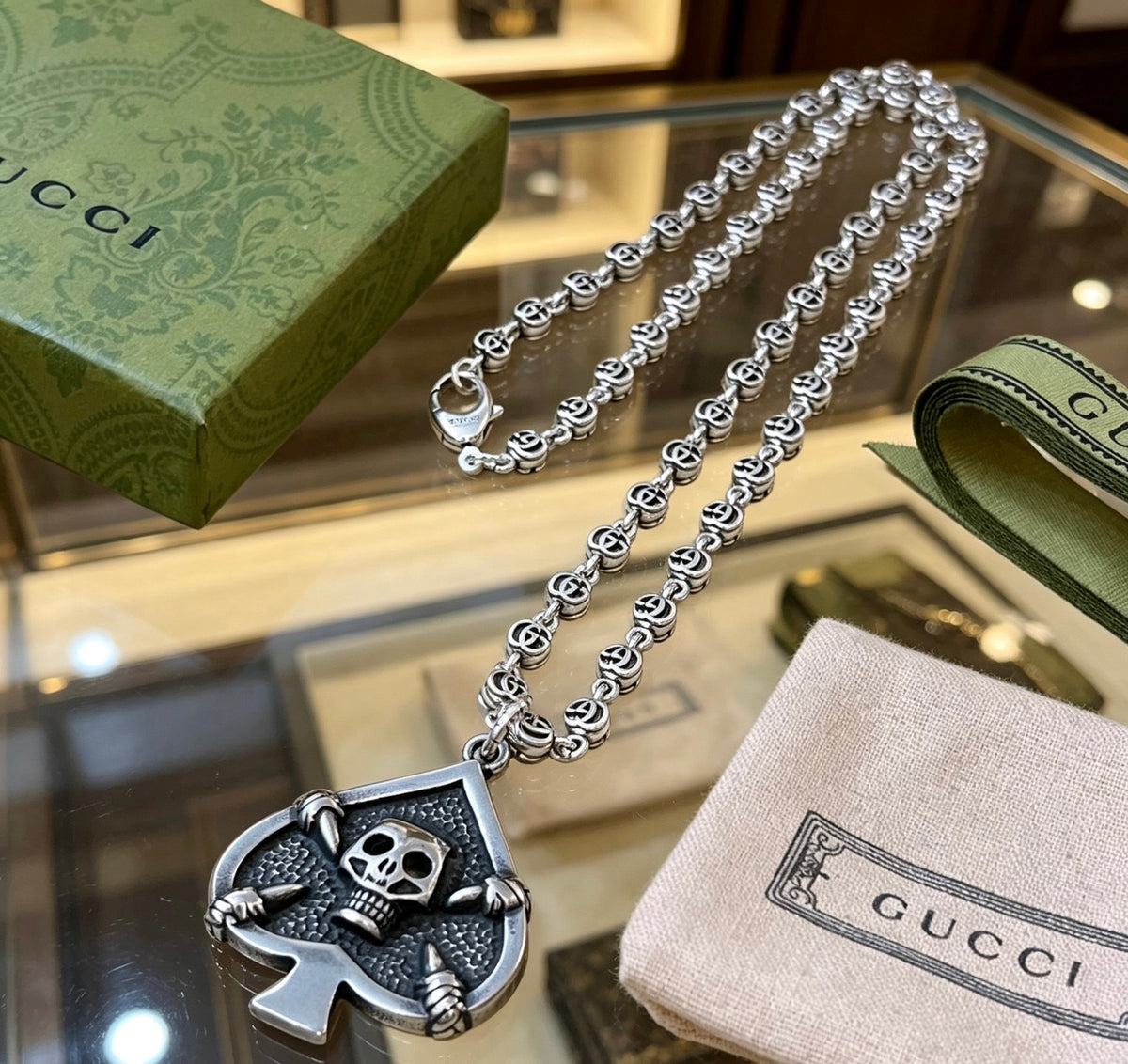 Gucci Anger Forest Interlocking G Skull Antiqued Chain Necklace - album image 2