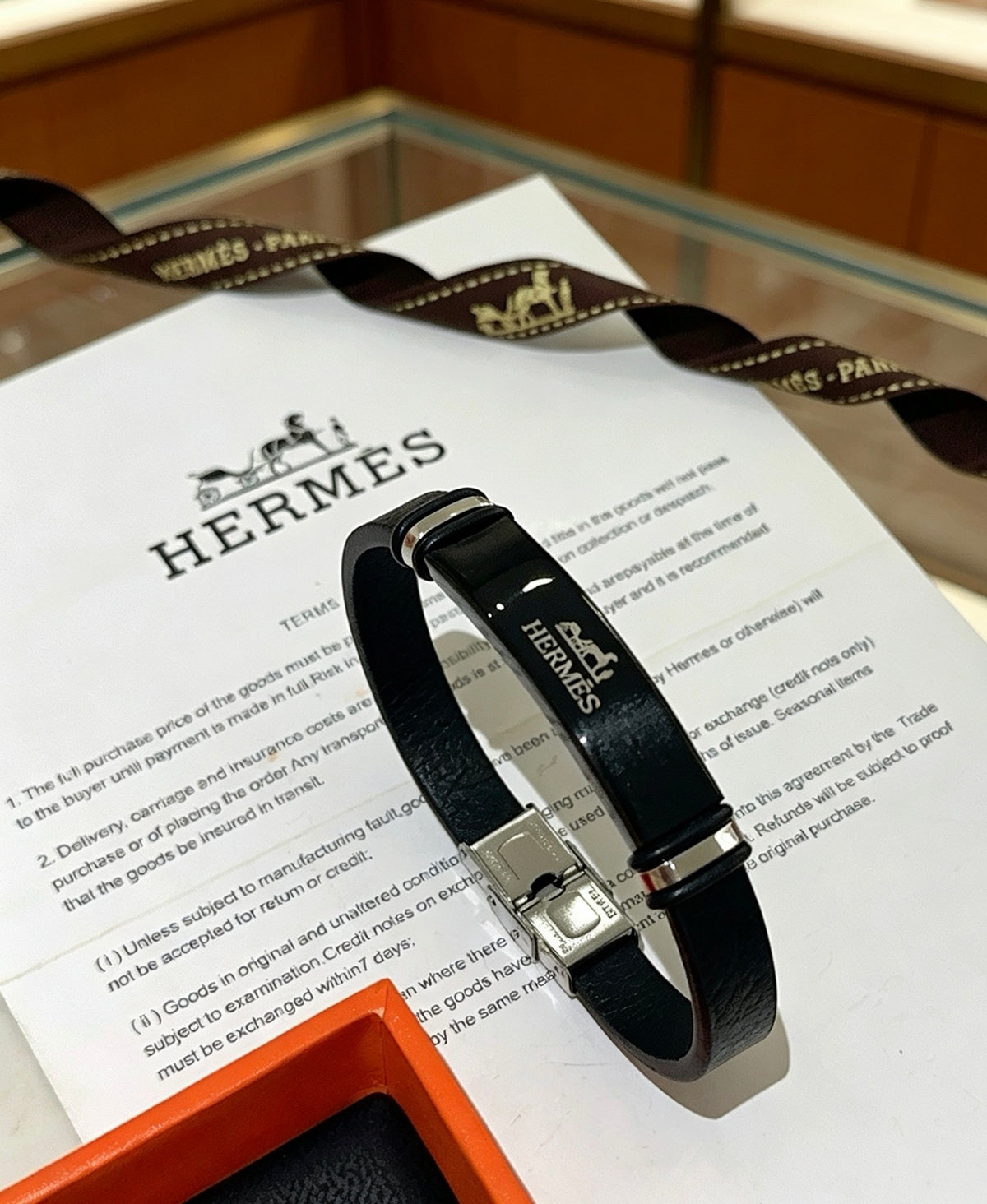 Hermès Black Leather Silver-Tone Bar Bracelet - album image 8