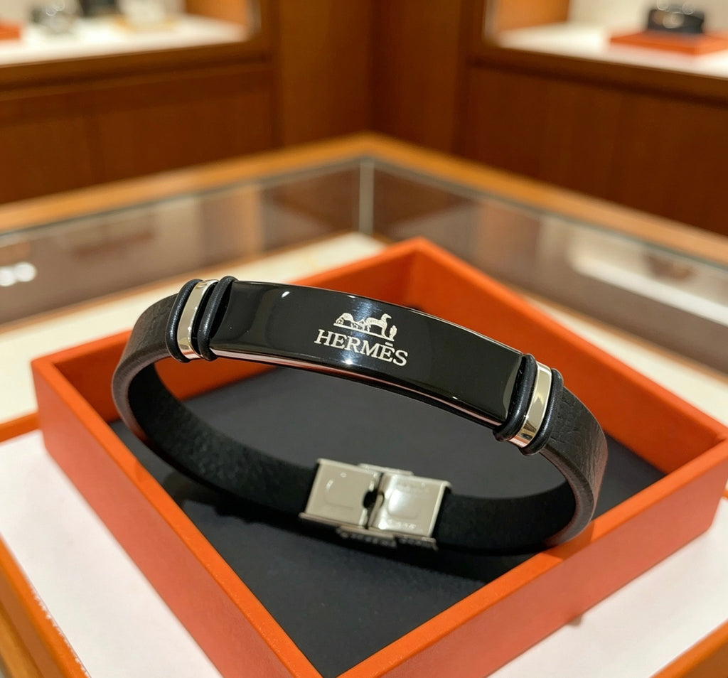 Hermès Black Leather Silver-Tone Bar Bracelet - album image 2
