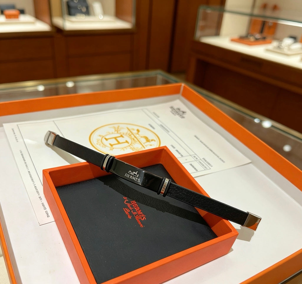 Hermès Black Leather Silver-Tone Bar Bracelet - album image 9