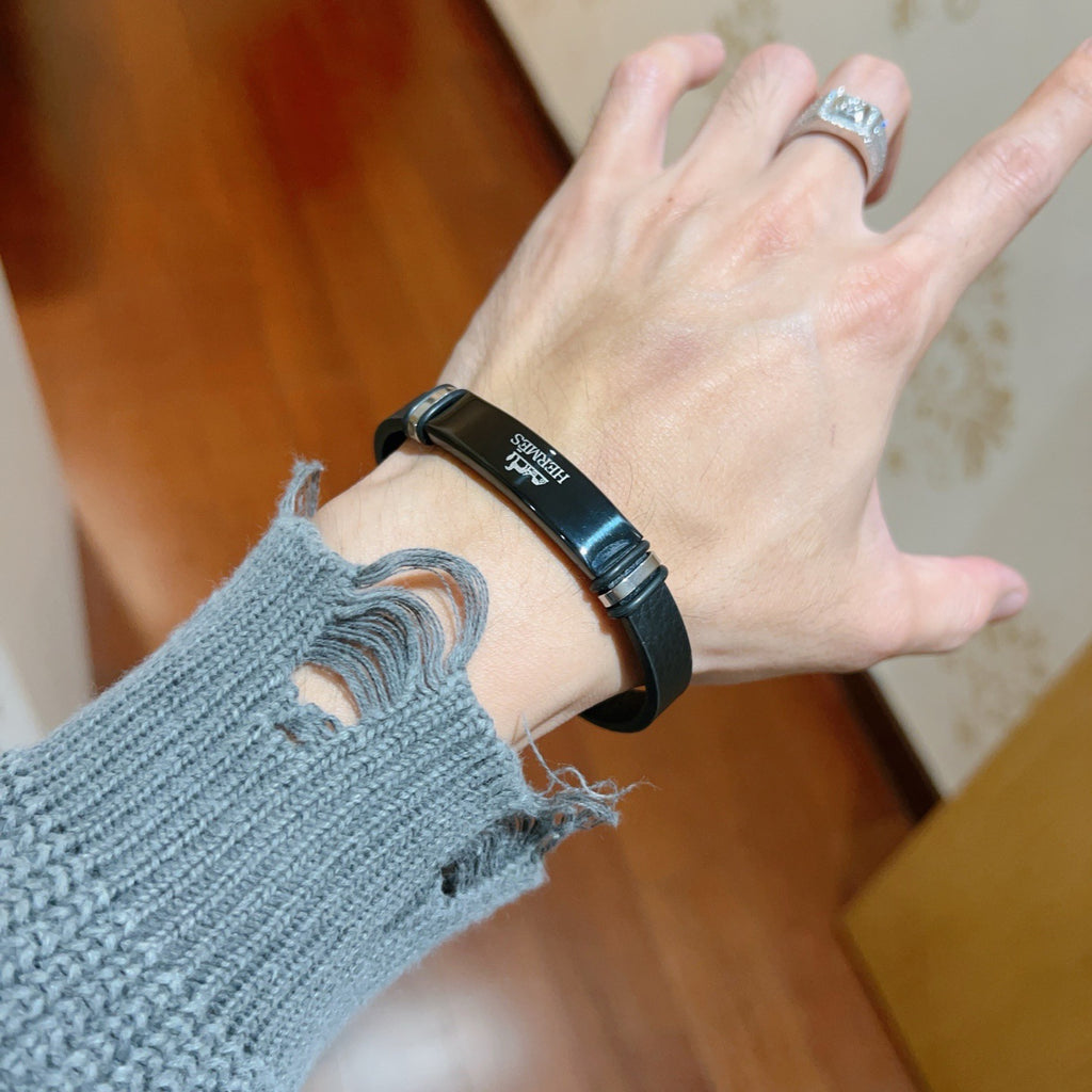 Hermès Black Leather Silver-Tone Bar Bracelet - album image 4