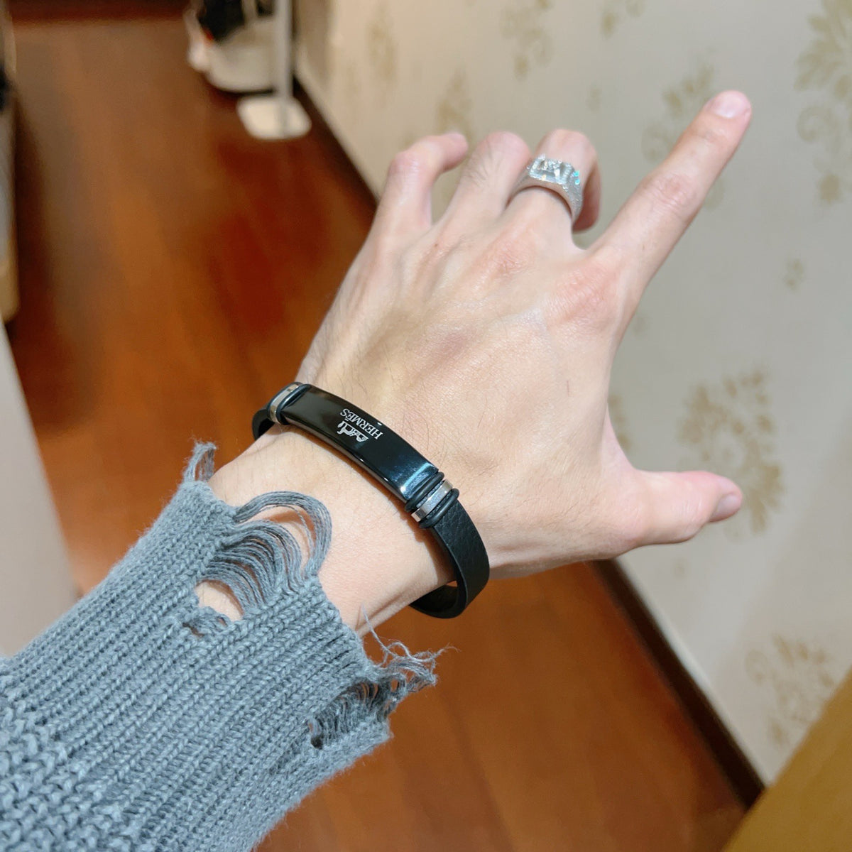 Hermès Black Leather Silver-Tone Bar Bracelet - album image 3