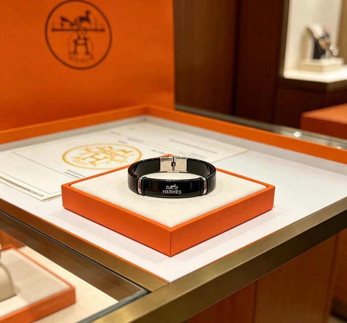 Hermès Black Leather Silver-Tone Bar Bracelet - album image 6