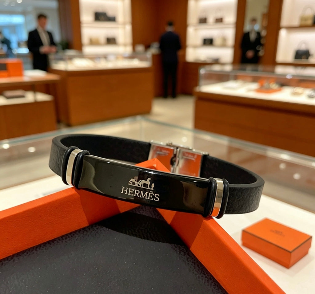 Hermès Black Leather Silver-Tone Bar Bracelet - album image 5