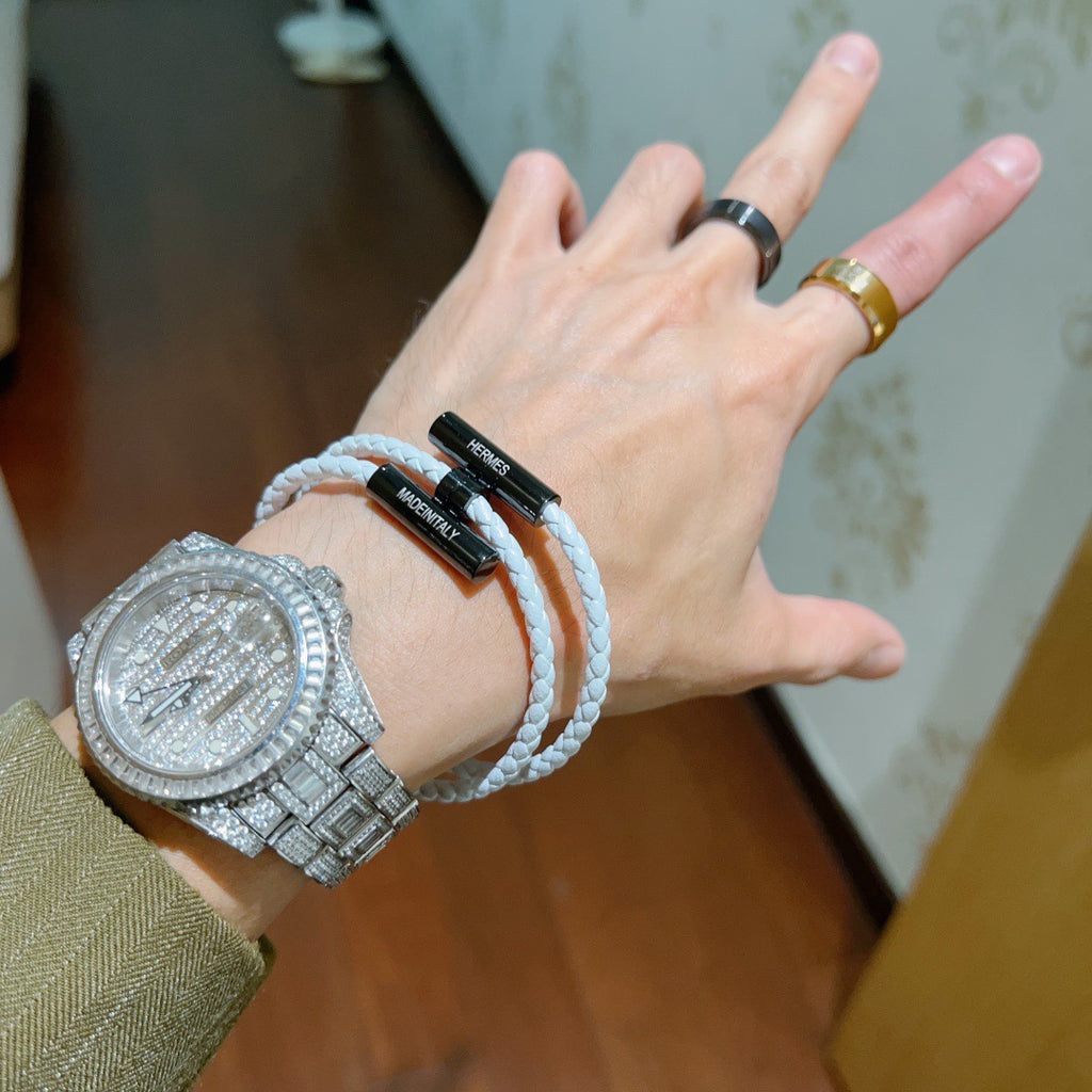 Hermès White Leather Black H Bracelet - album image 8