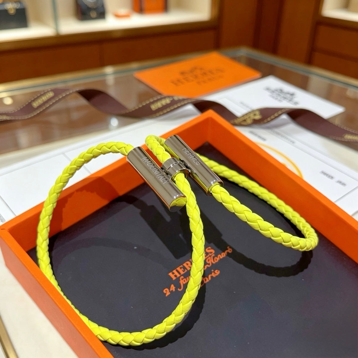 Hermès Yellow Braided Leather Gold-Tone H Bracelet - album image 5