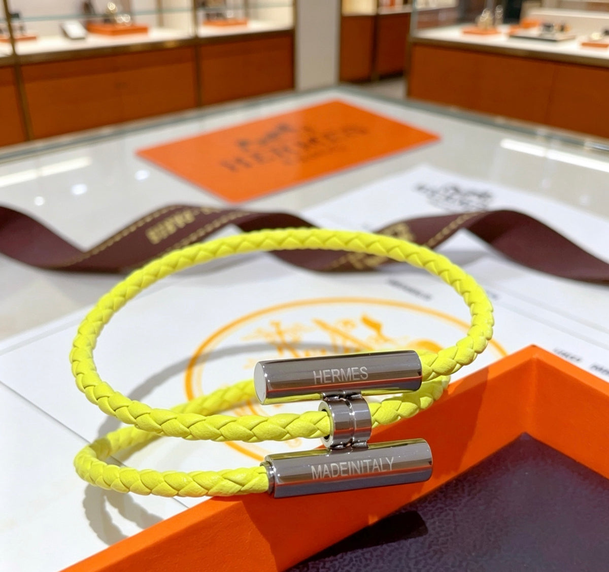 Hermès Yellow Braided Leather Gold-Tone H Bracelet - album image 7