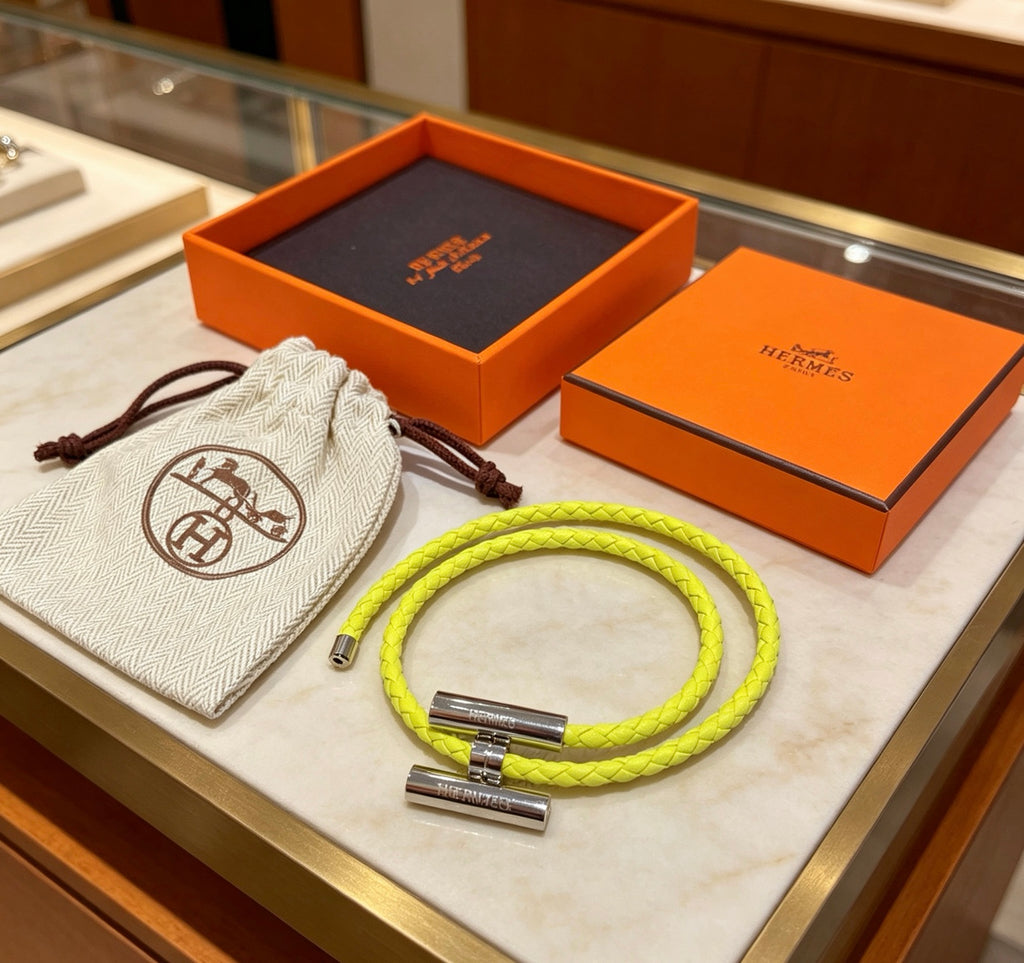Hermès Yellow Braided Leather Gold-Tone H Bracelet - album image 4