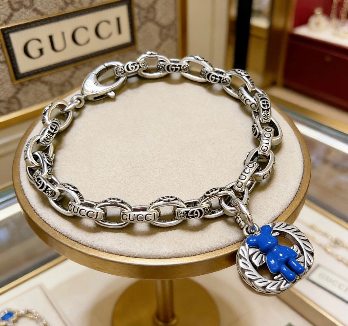 Gucci Silver-Tone Link Bracelet with Blue Heart Charm - album image 2