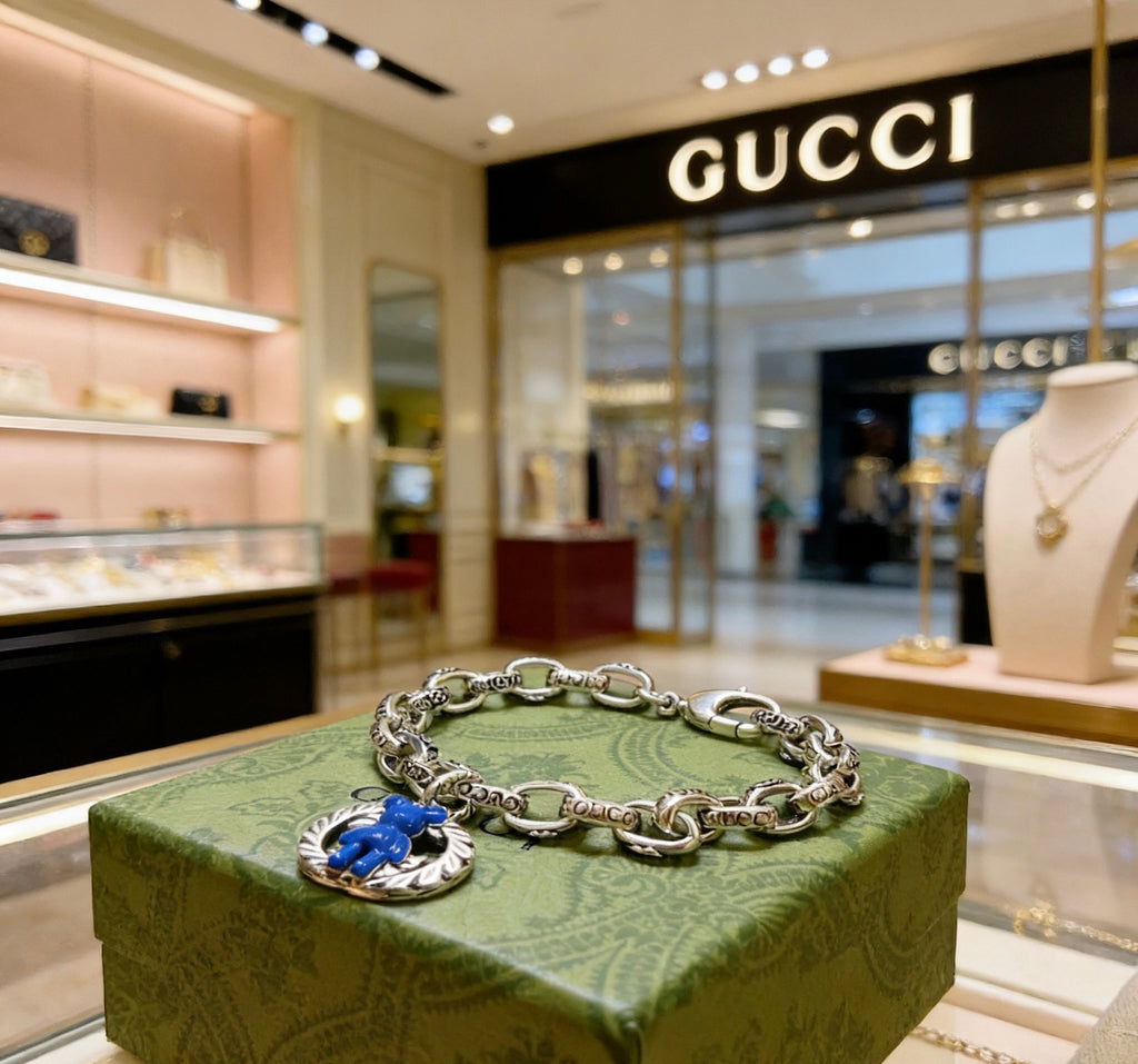Gucci Silver-Tone Link Bracelet with Blue Heart Charm - album image 5