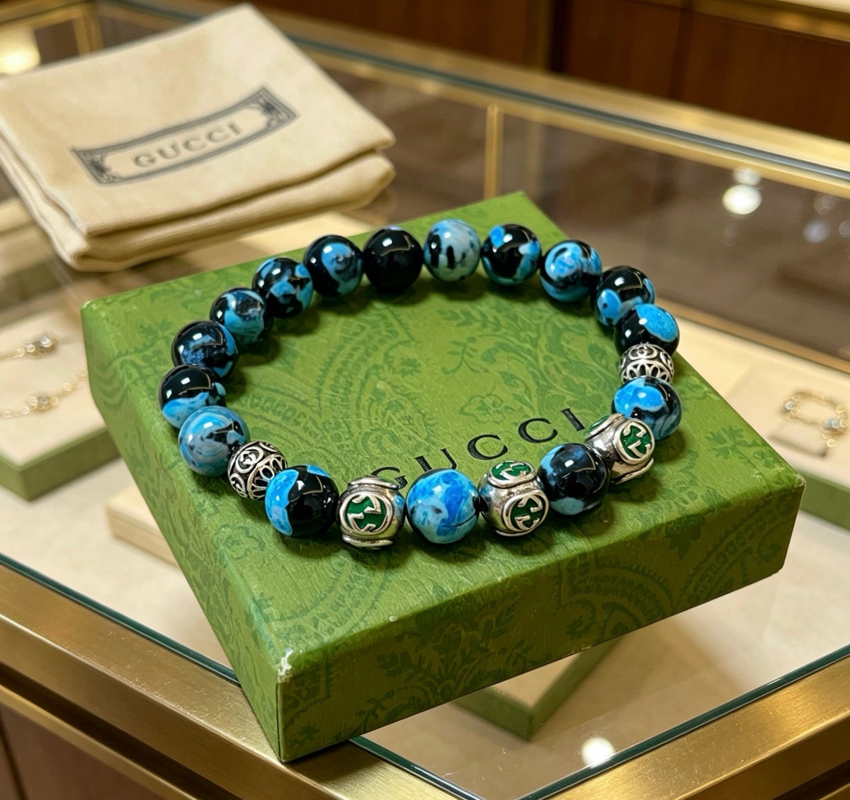 Gucci Anger Forest Interlocking G Agate Beaded Crystal Accent Antiqued Bracelet - album image 5