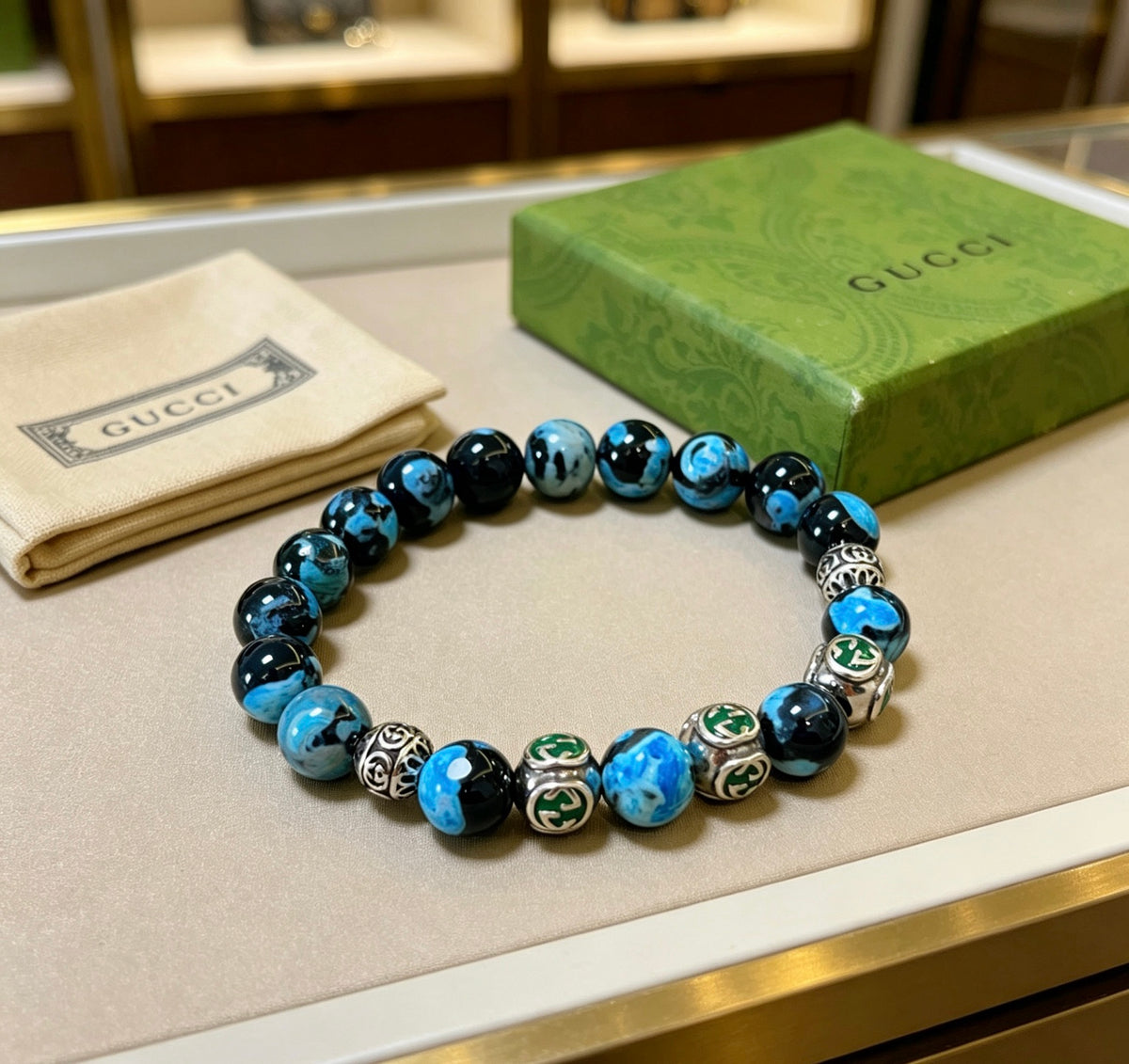 Gucci Anger Forest Interlocking G Agate Beaded Crystal Accent Antiqued Bracelet - album image 1