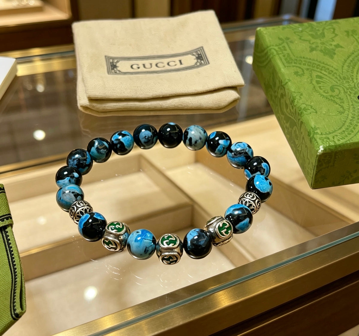 Gucci Anger Forest Interlocking G Agate Beaded Crystal Accent Antiqued Bracelet - album image 7
