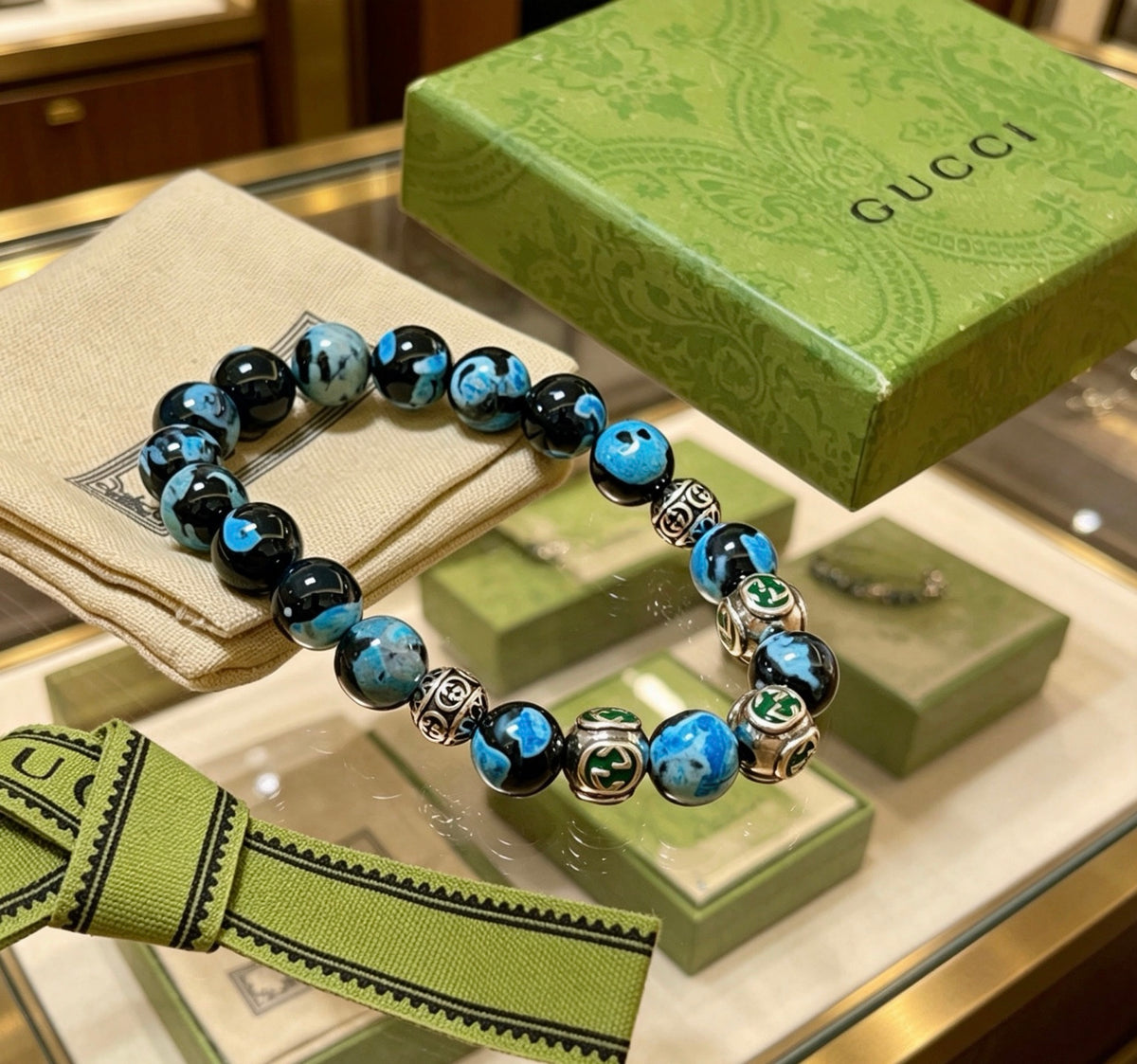 Gucci Anger Forest Interlocking G Agate Beaded Crystal Accent Antiqued Bracelet - album image 2