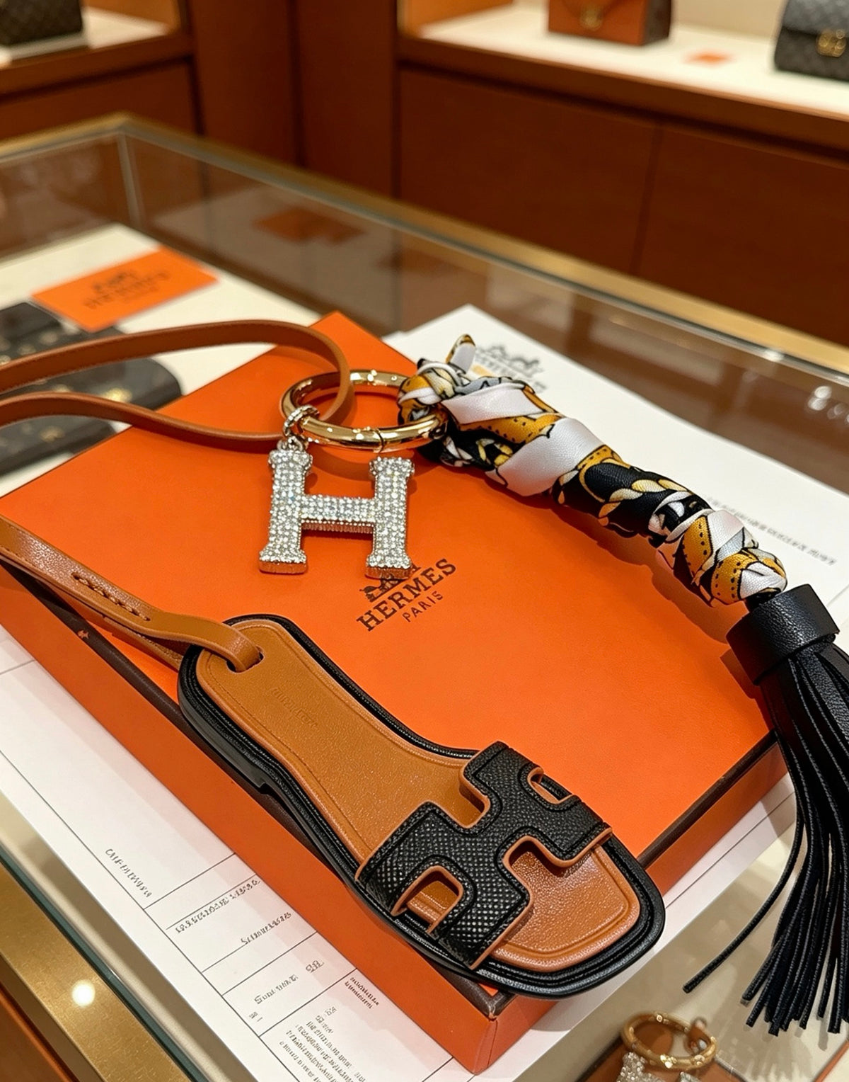 Hermès Tan Leather H Bag Charm with Black Tassel - album image 3