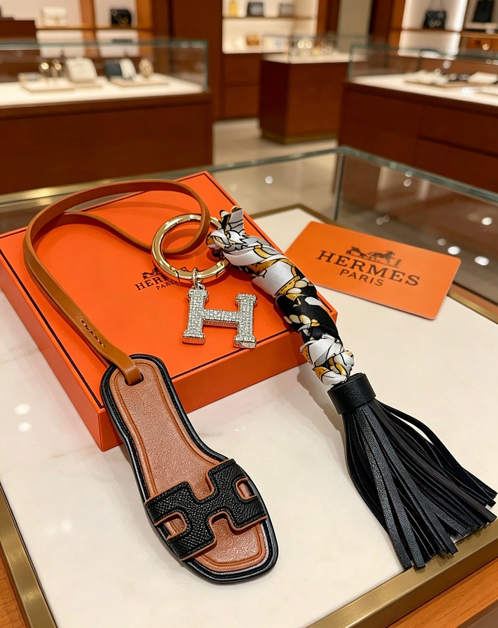 Hermès Tan Leather H Bag Charm with Black Tassel - album image 1
