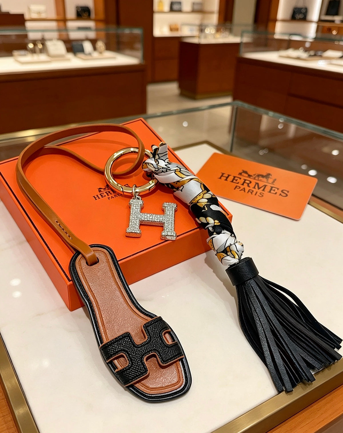 Hermès Tan Leather H Bag Charm with Black Tassel - album image 1