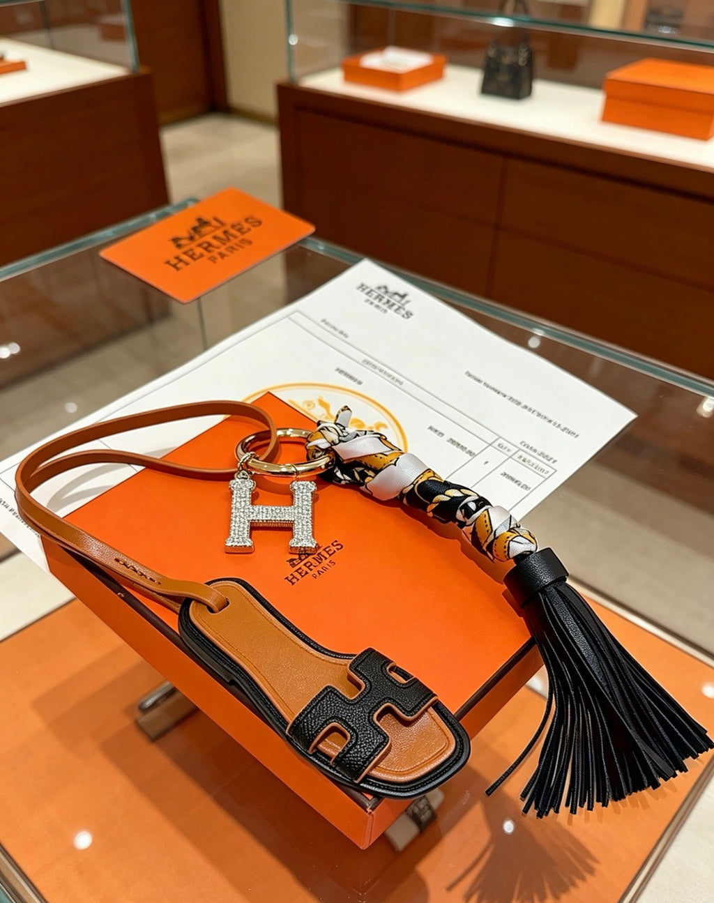 Hermès Tan Leather H Bag Charm with Black Tassel - album image 5