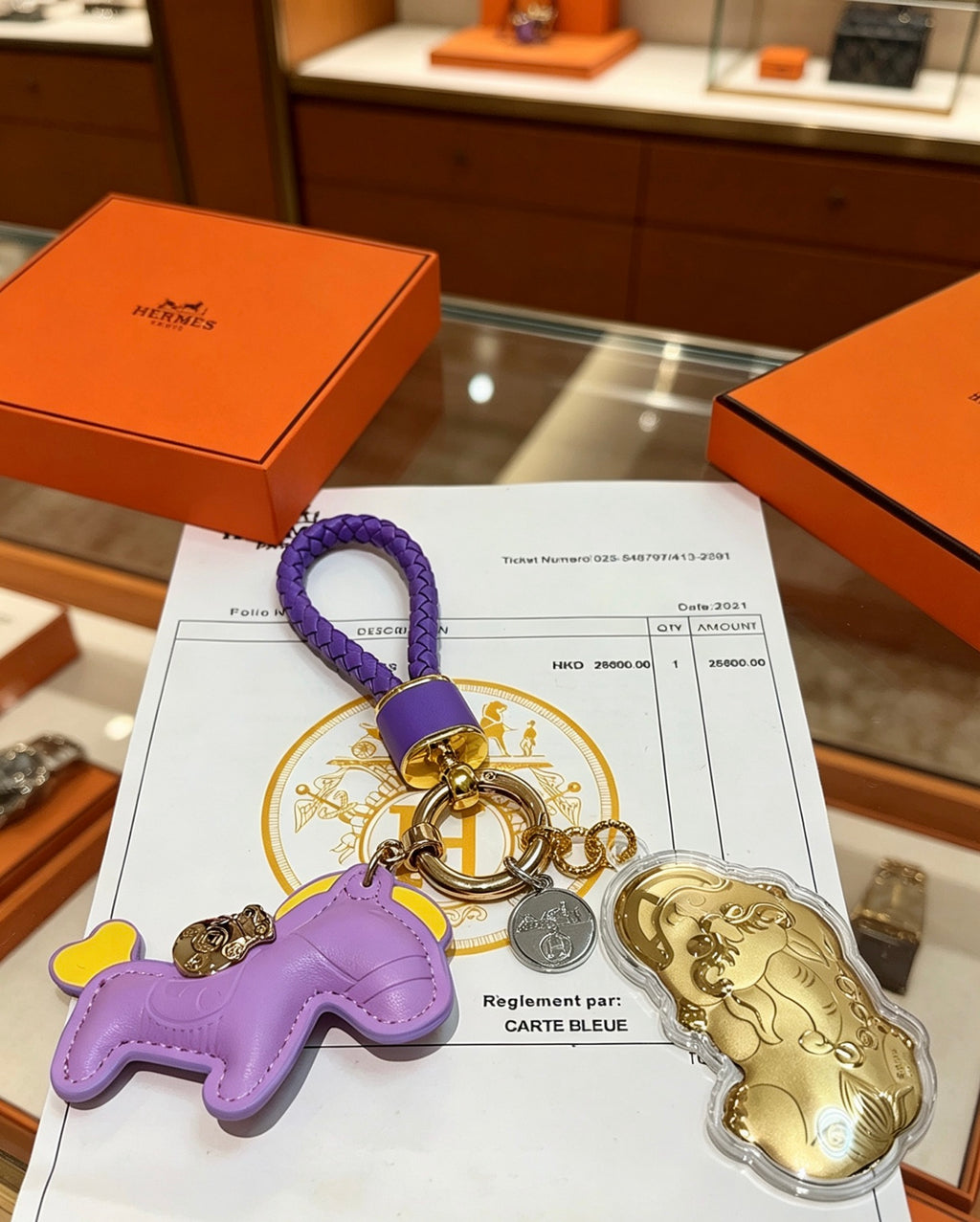 Hermès Lavender Horse Keychain with Gold-Tone Charm and Purple Cord - album image 6