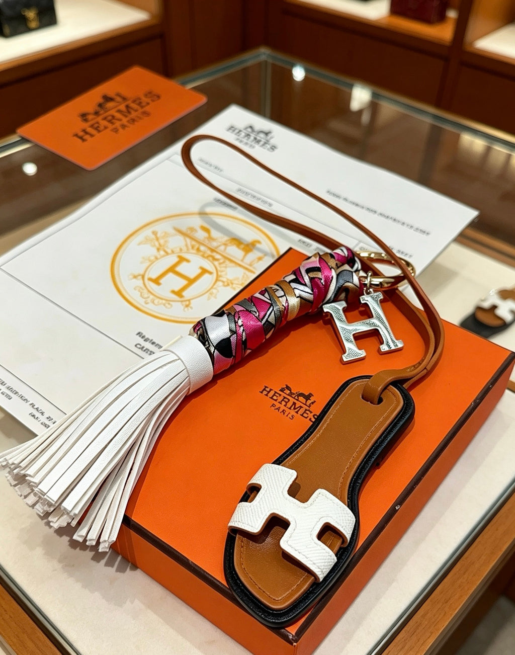 Hermès Tan Leather H Bag Charm with White Tassel - album image 4