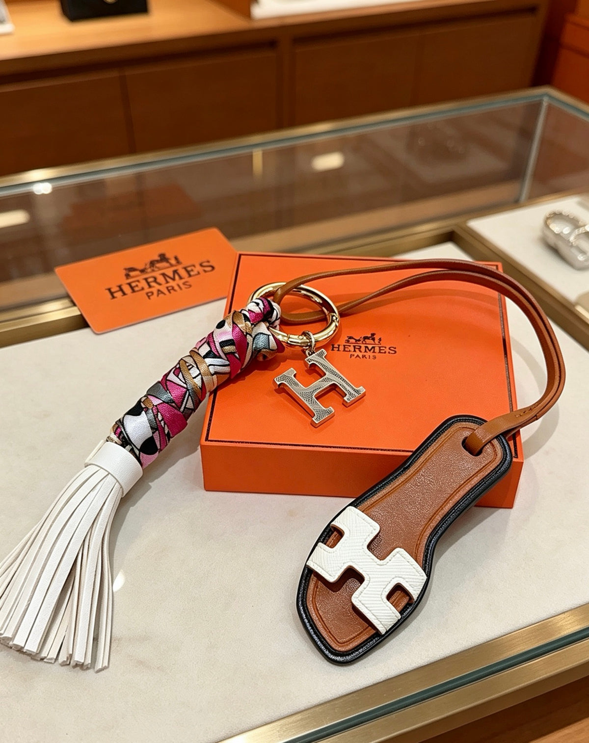 Hermès Tan Leather H Bag Charm with White Tassel - album image 6