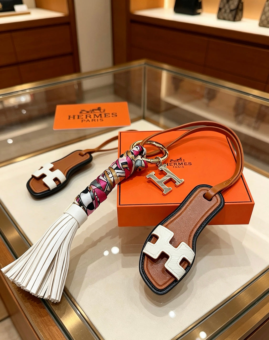 Hermès Tan Leather H Bag Charm with White Tassel - album image 5