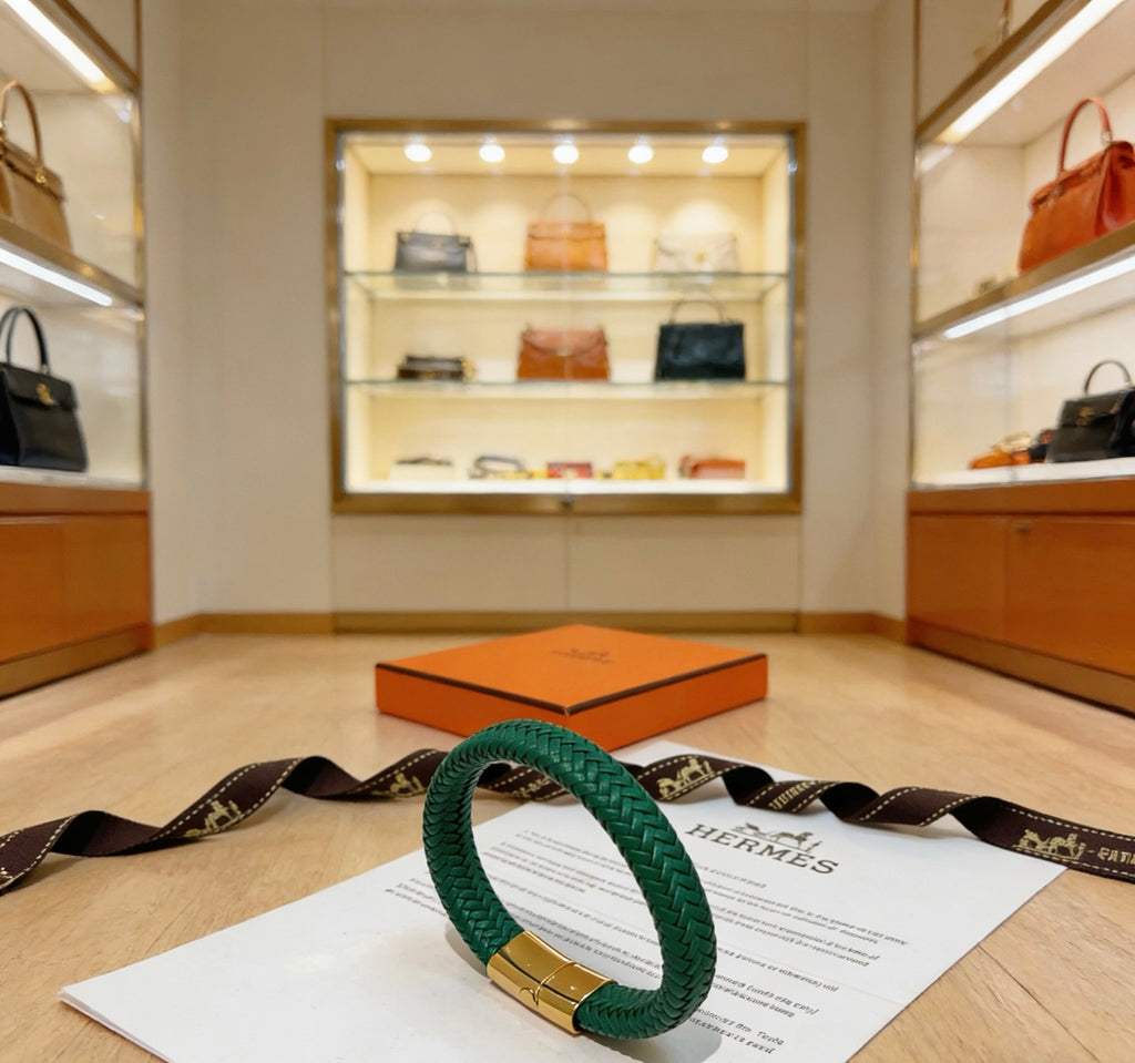 Hermès Green Leather Gold-Tone H Bracelet - album image 5