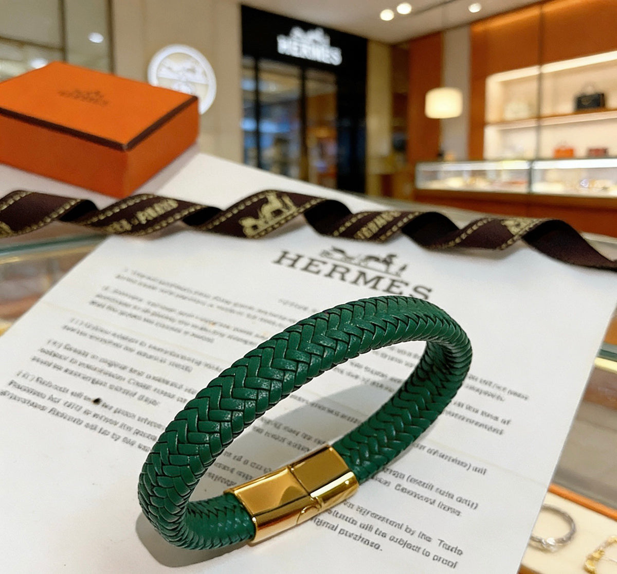 Hermès Green Leather Gold-Tone H Bracelet - album image 6
