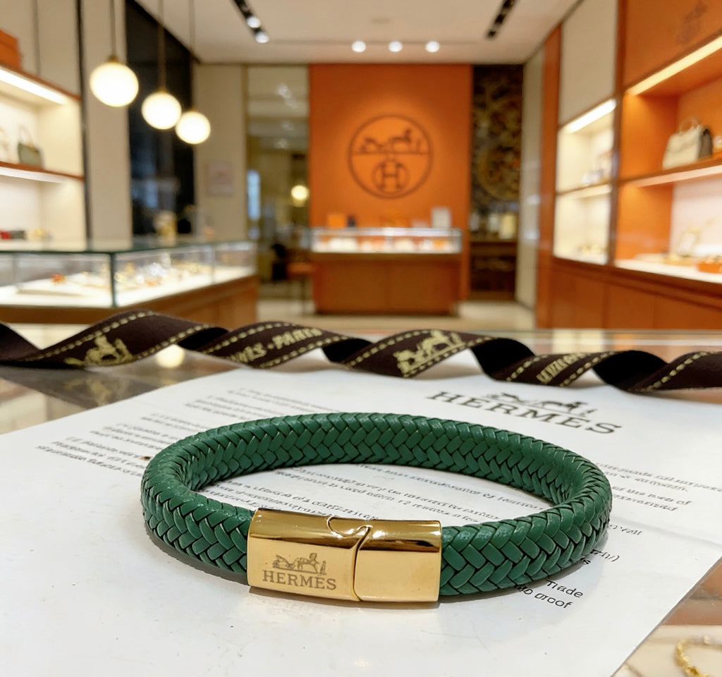 Hermès Green Leather Gold-Tone H Bracelet - album image 2