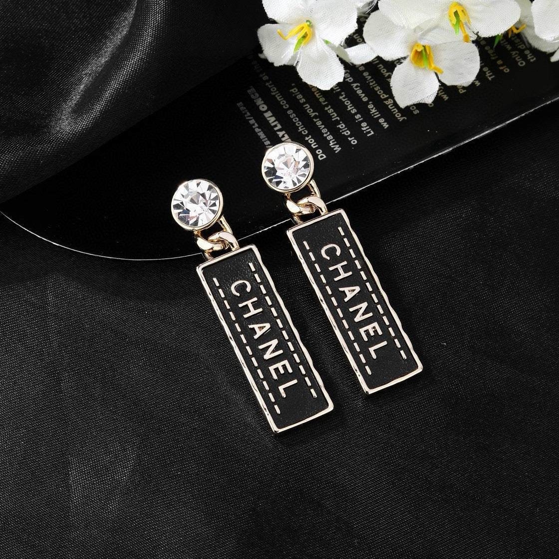 Chanel Black Rectangular Letter Drop Earrings - album image 9