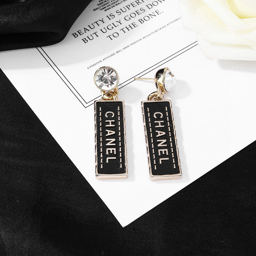 Chanel Black Rectangular Letter Drop Earrings - album image 8