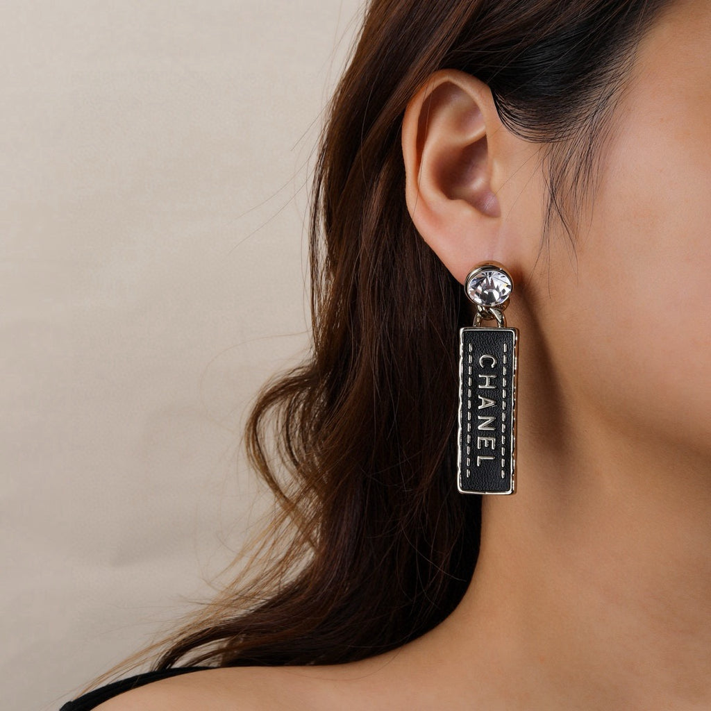 Chanel Black Rectangular Letter Drop Earrings - album image 2
