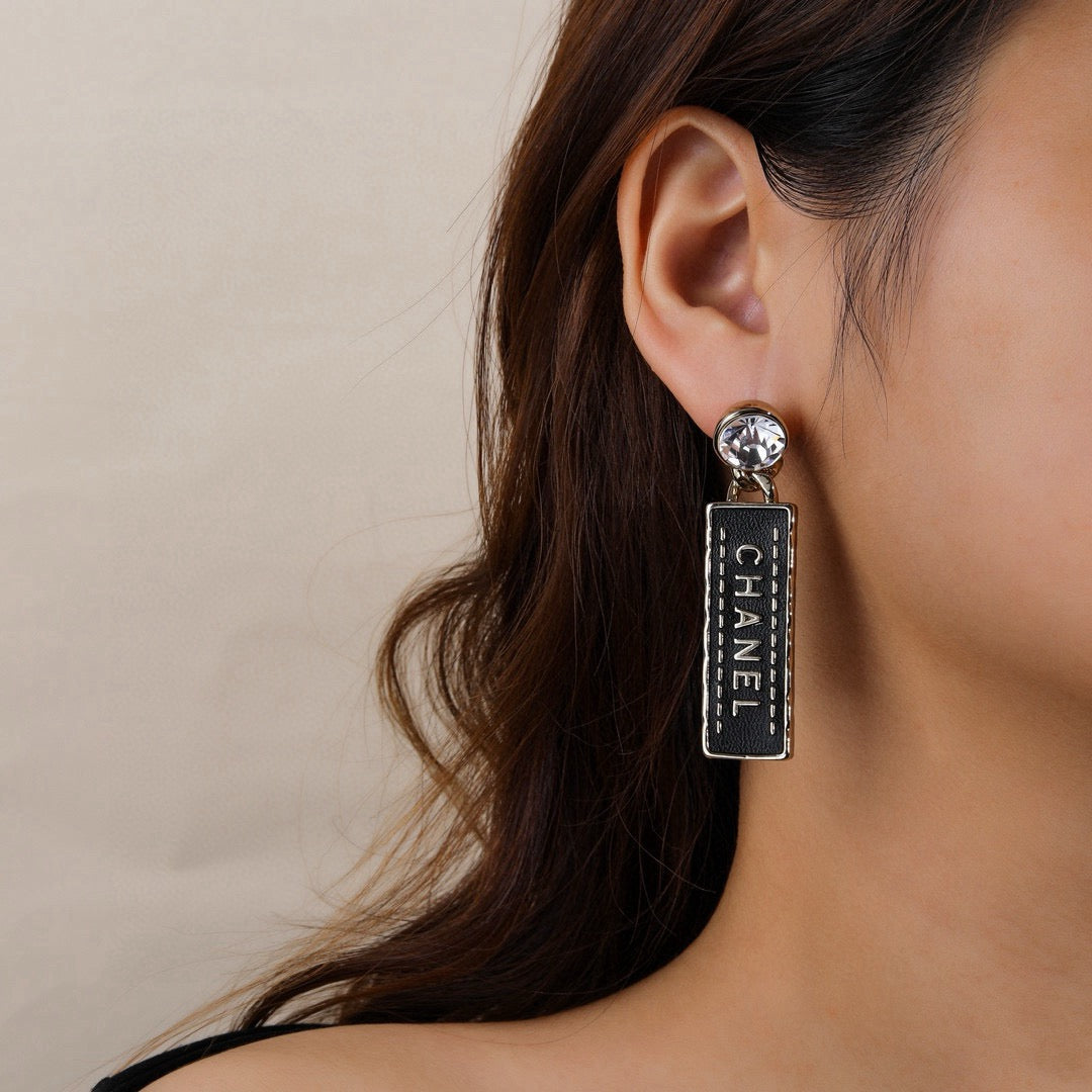 Chanel Black Rectangular Letter Drop Earrings - album image 2