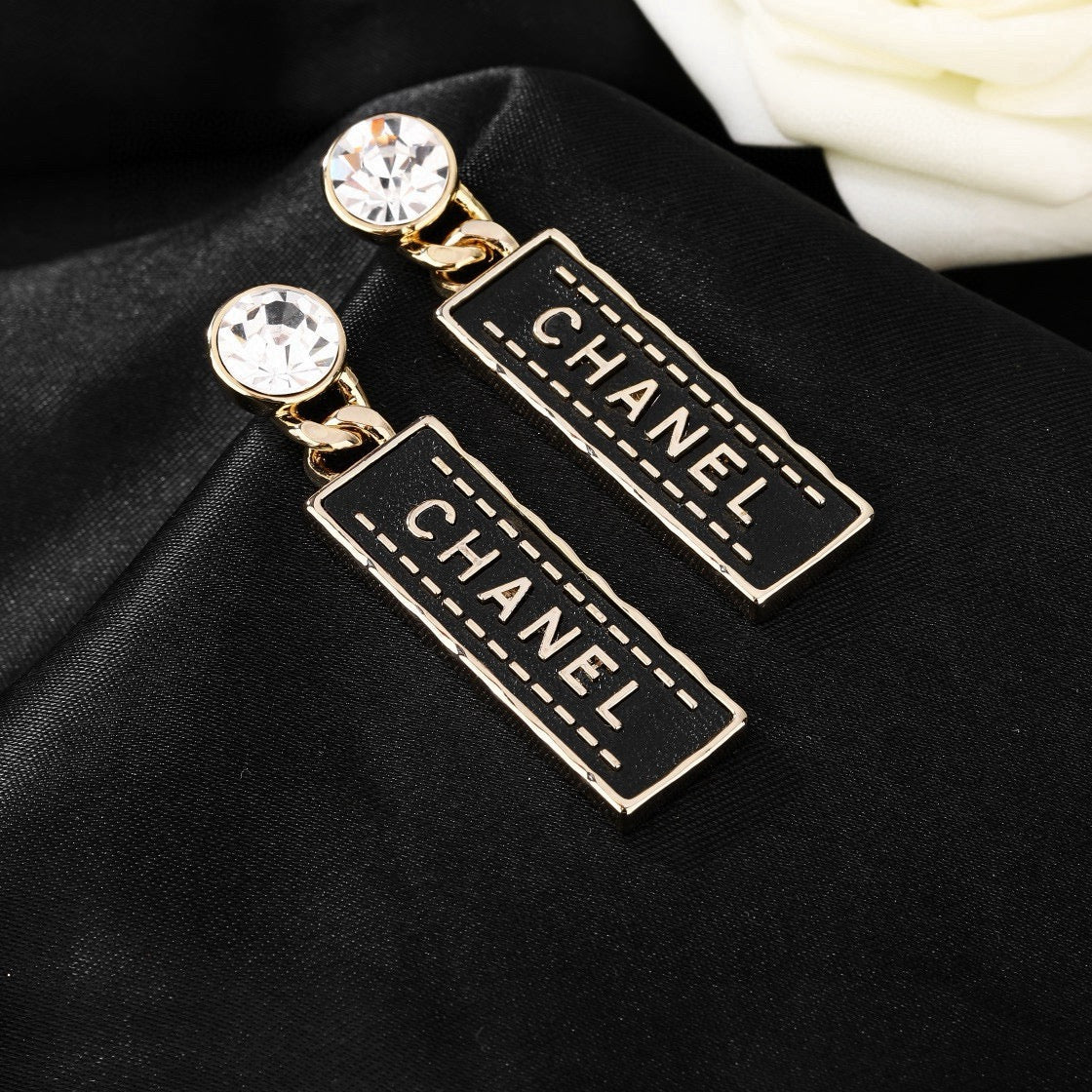 Chanel Black Rectangular Letter Drop Earrings - album image 3