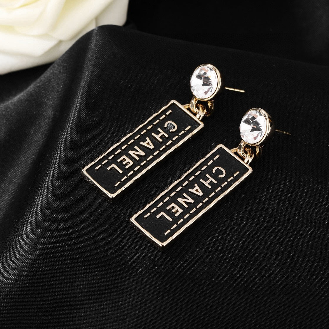 Chanel Black Rectangular Letter Drop Earrings - album image 4