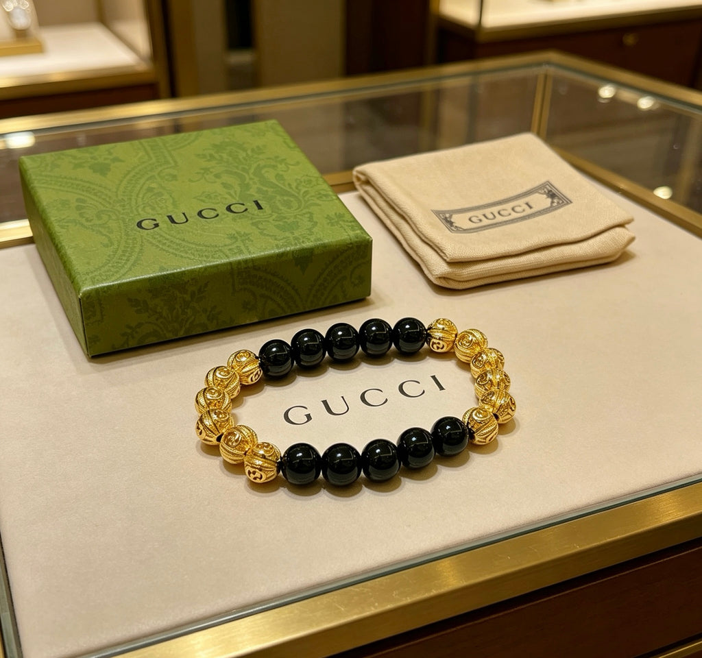 Gucci Anger Forest Interlocking G Black Agate Agate Beaded Antiqued Bracelet - album image 1