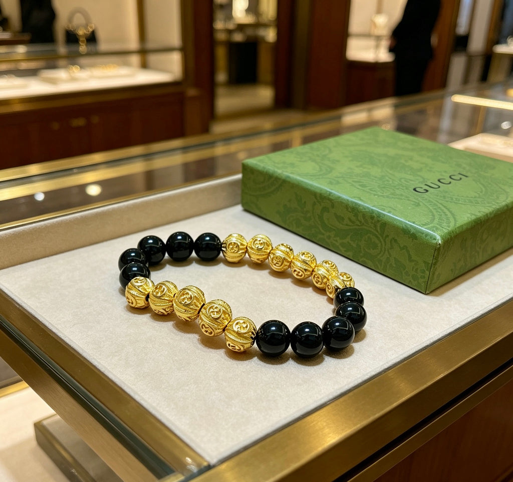 Gucci Anger Forest Interlocking G Black Agate Agate Beaded Antiqued Bracelet - album image 2