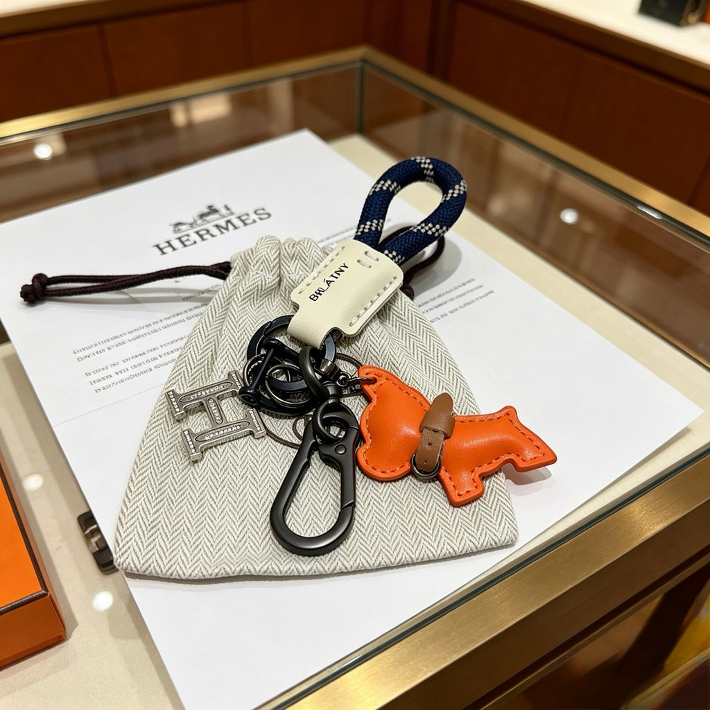 Hermès Orange Horse and H-Charm Keychain with Navy Strap - album image 5