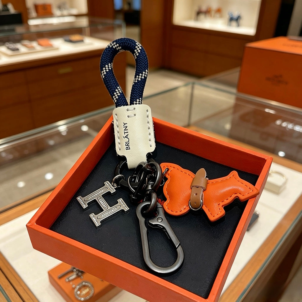 Hermès Orange Horse and H-Charm Keychain with Navy Strap - album image 6