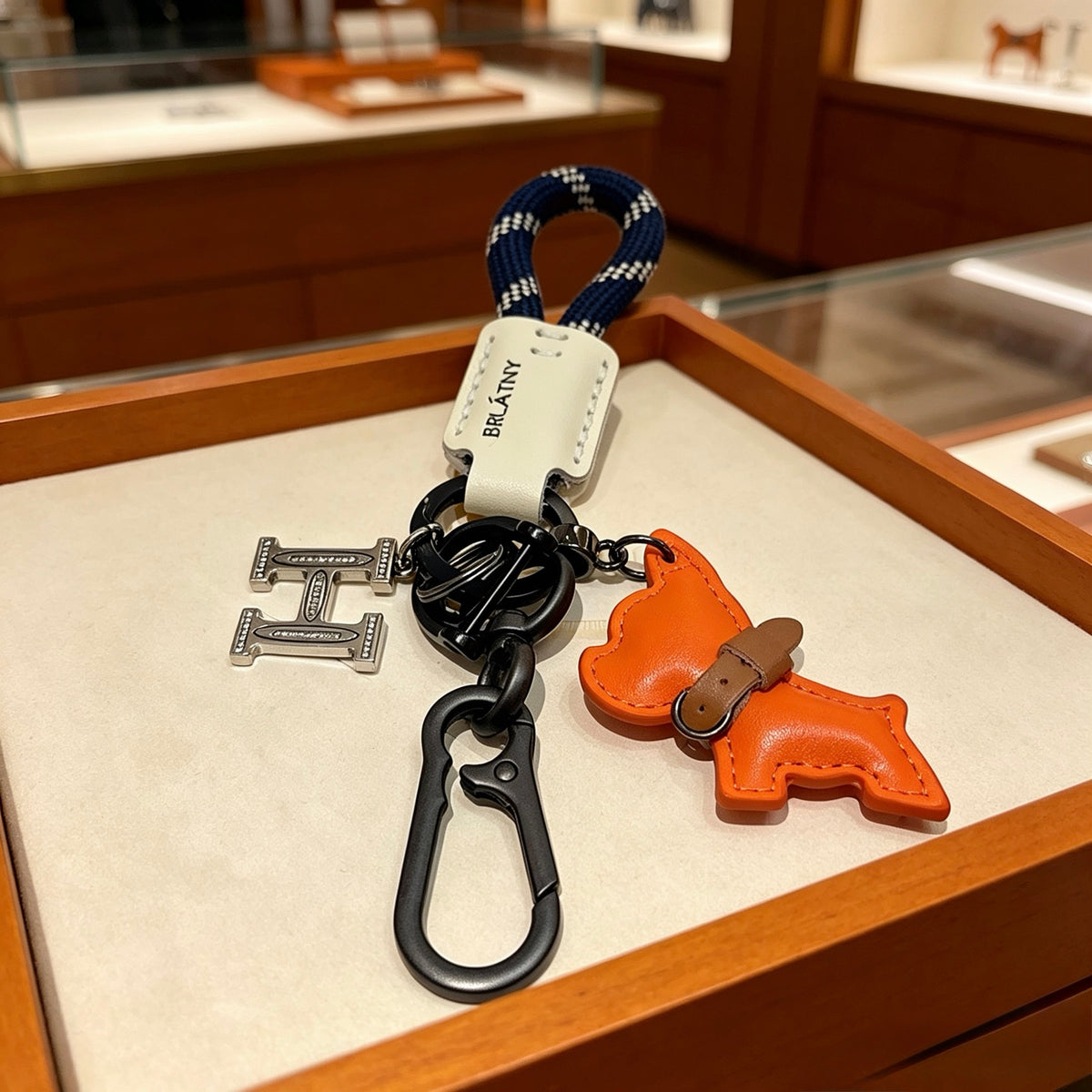 Hermès Orange Horse and H-Charm Keychain with Navy Strap - album image 2