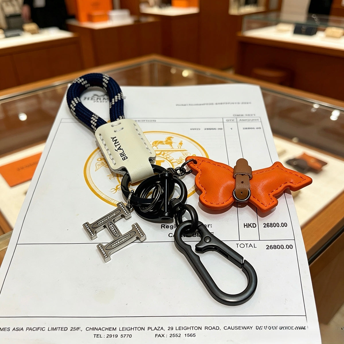 Hermès Orange Horse and H-Charm Keychain with Navy Strap - album image 4