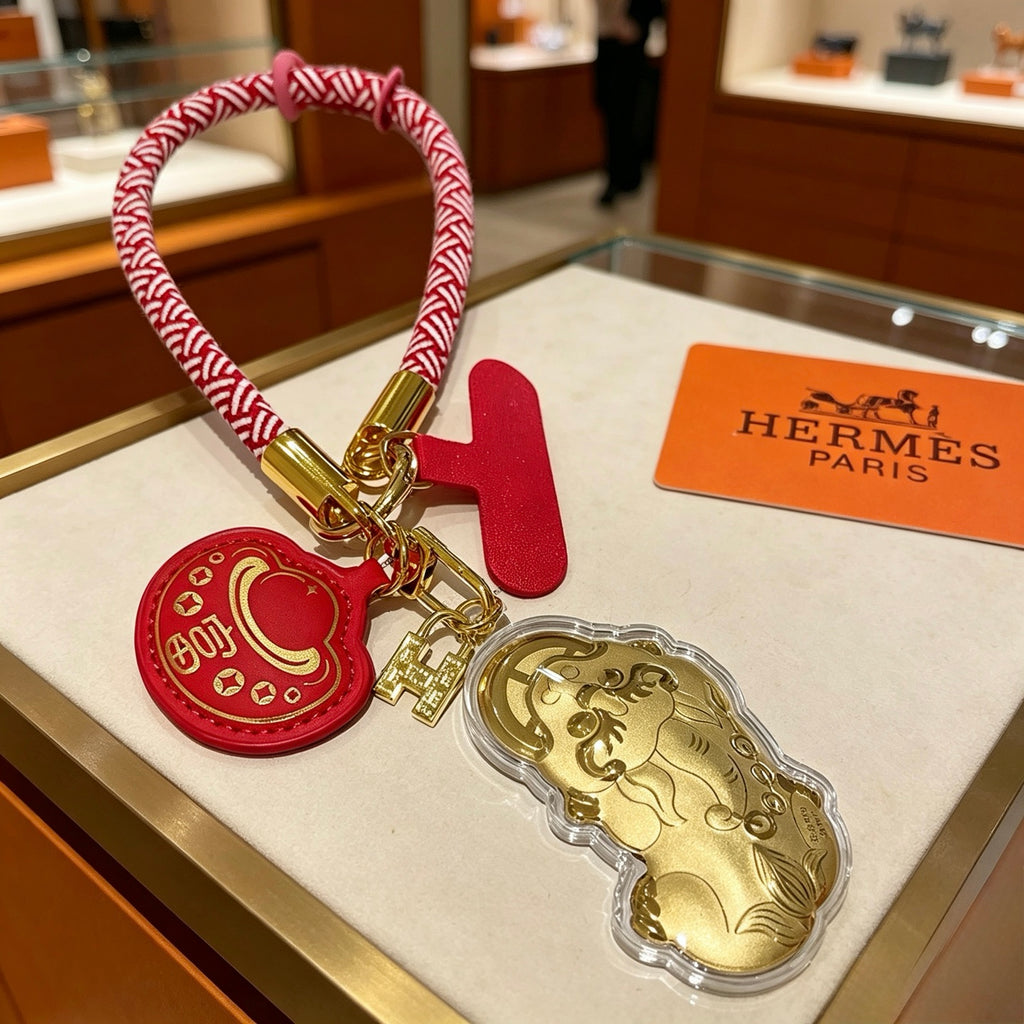 Hermès Gold-Tone Horse and Red H Disc Keychain with Pink Braided Cord - album image 1