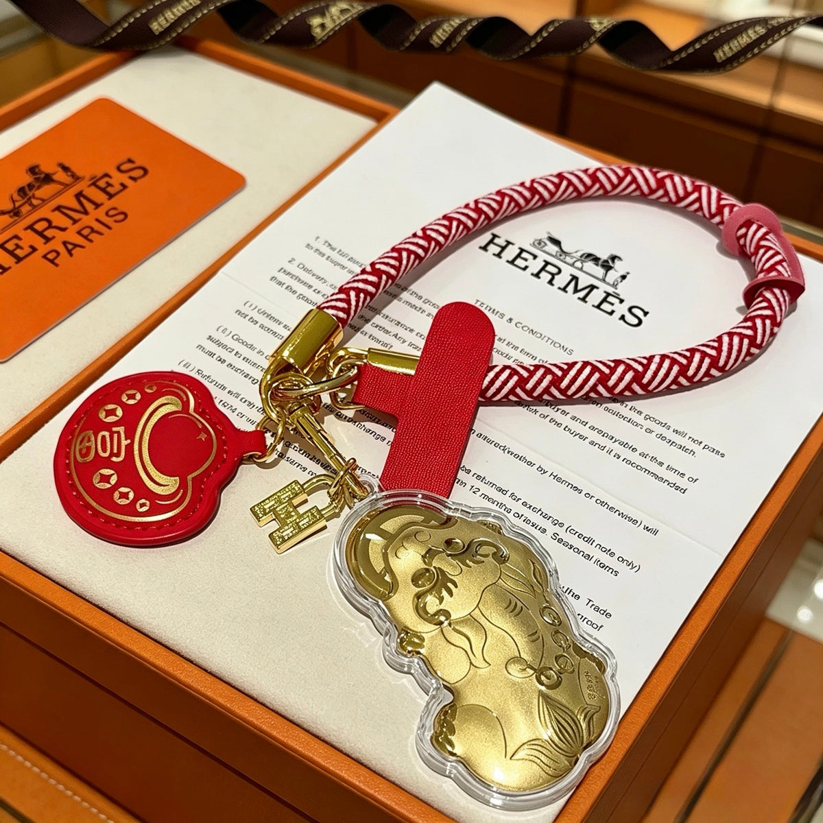 Hermès Gold-Tone Horse and Red H Disc Keychain with Pink Braided Cord - album image 3