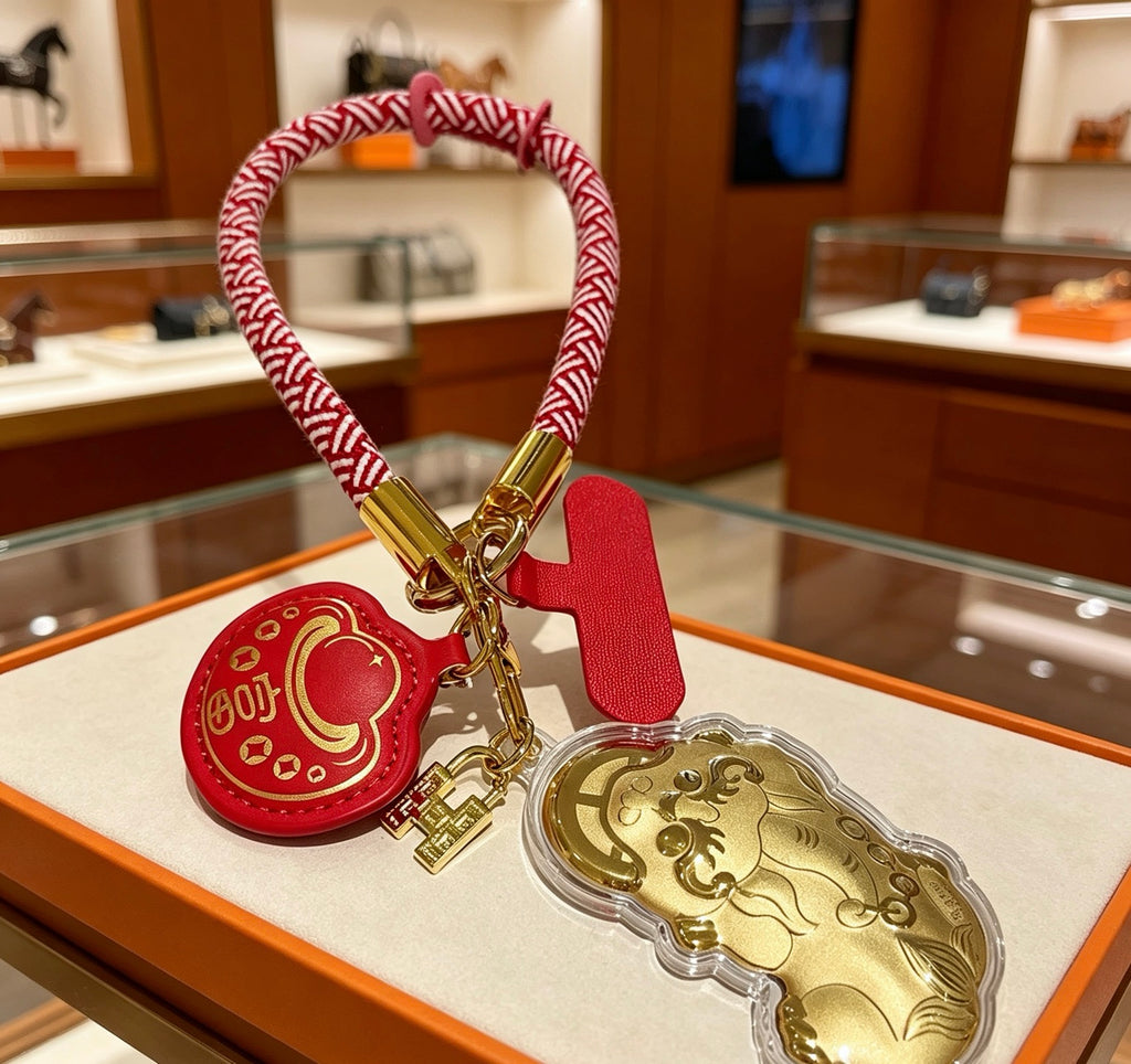 Hermès Gold-Tone Horse and Red H Disc Keychain with Pink Braided Cord - album image 5