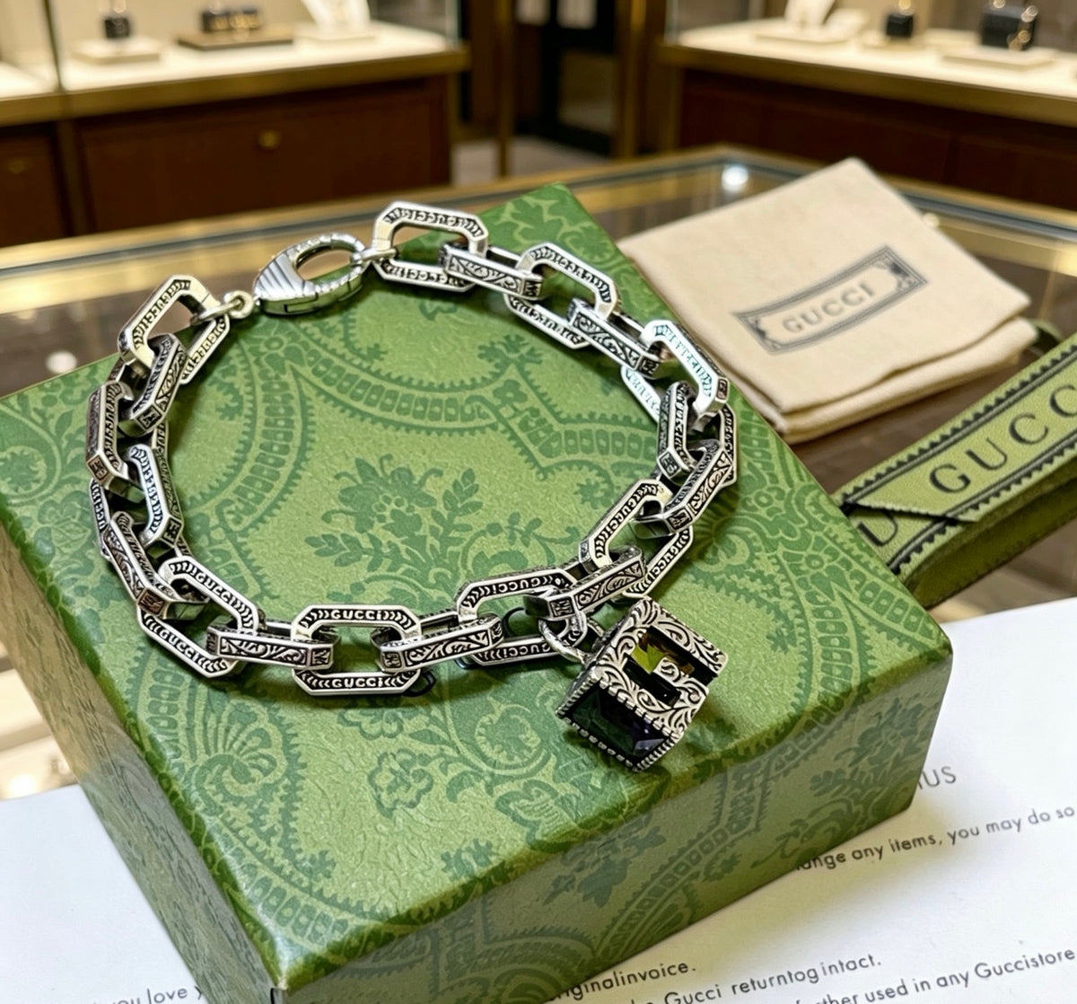 Gucci Silver-Tone Rectangular Link Bracelet with Cube Charm - album image 2