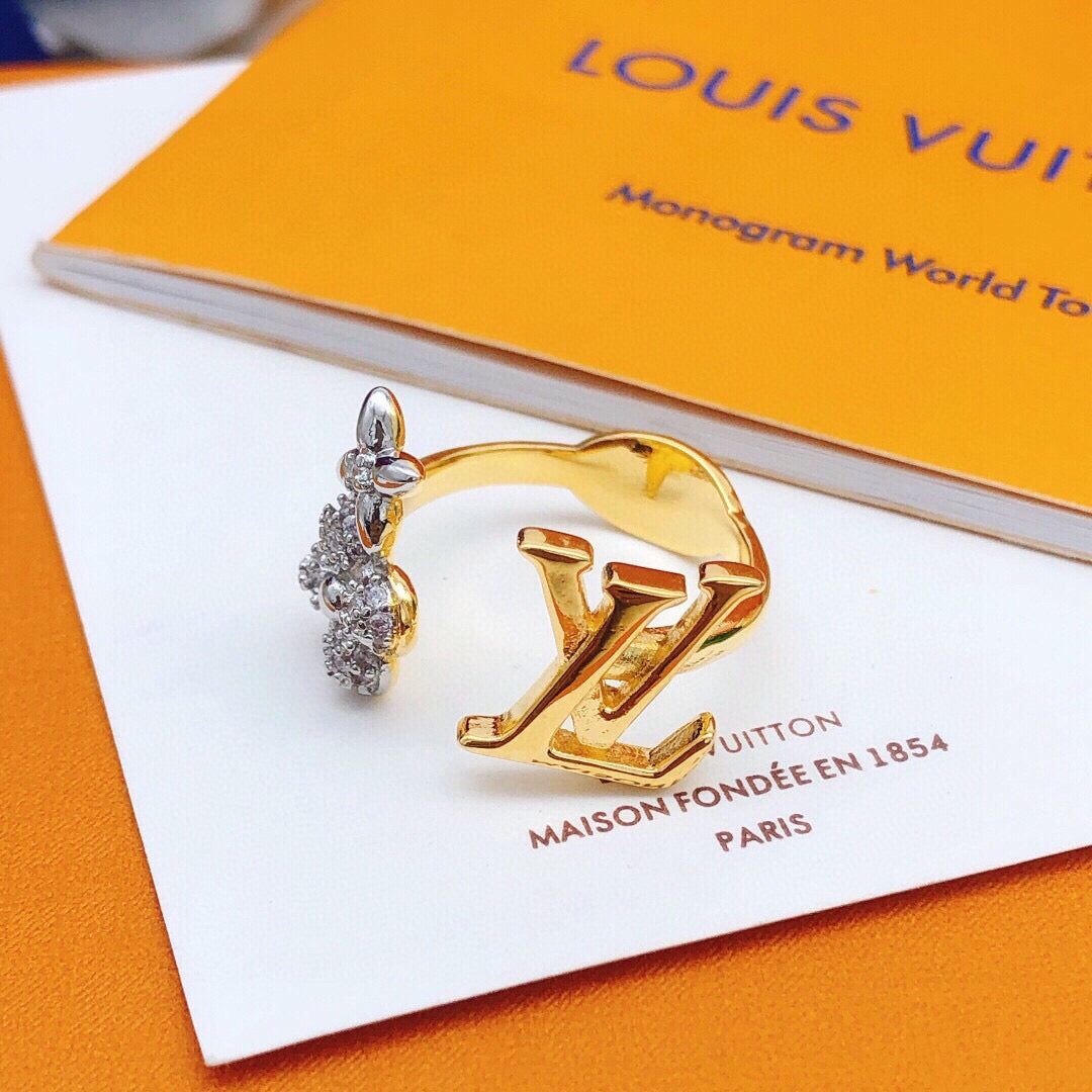 Louis Vuitton Gold-Tone Open LV and Flower Ring - album image 4